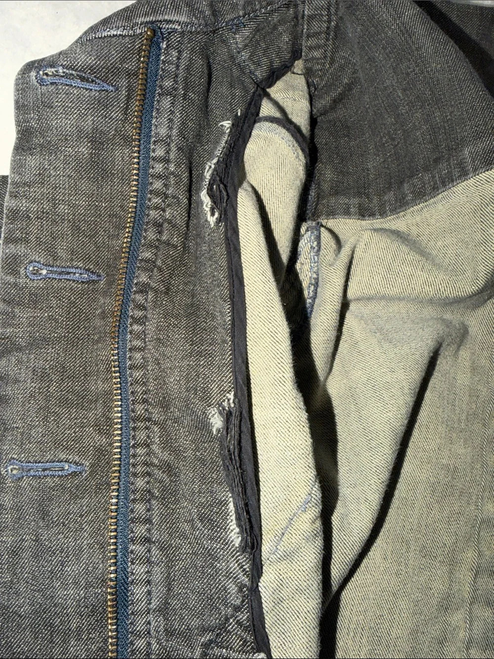 Free People Size 4 Y2K Grey Moto Denim Jacket Utility Zip Pockets Drawstring Hem